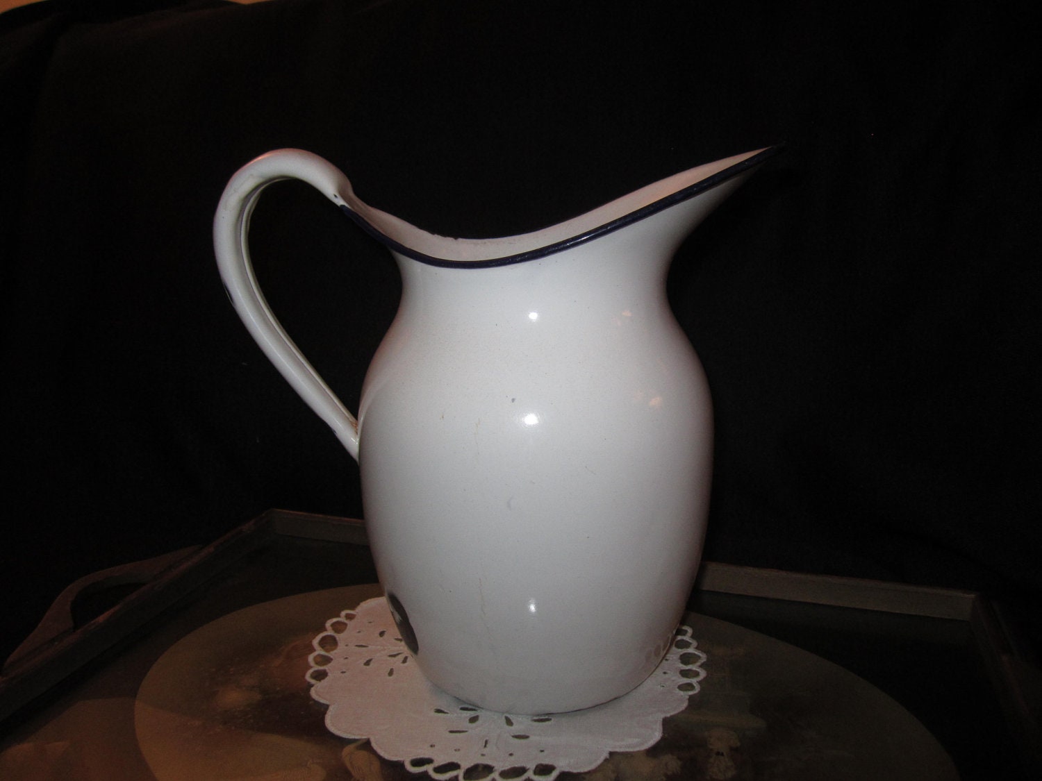 Delightful Vintage Large Enamel French Country Farm House Pitcher