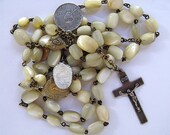 Antique Mother of Pearl French Sterling Crucifix big Rosary 1900's Vatican Pope Leo XIII Bronze metal