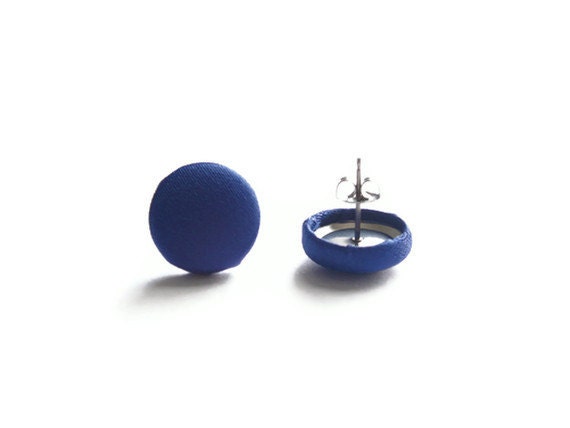 Solid Blue Shiny Fabric Covered Button Earrings