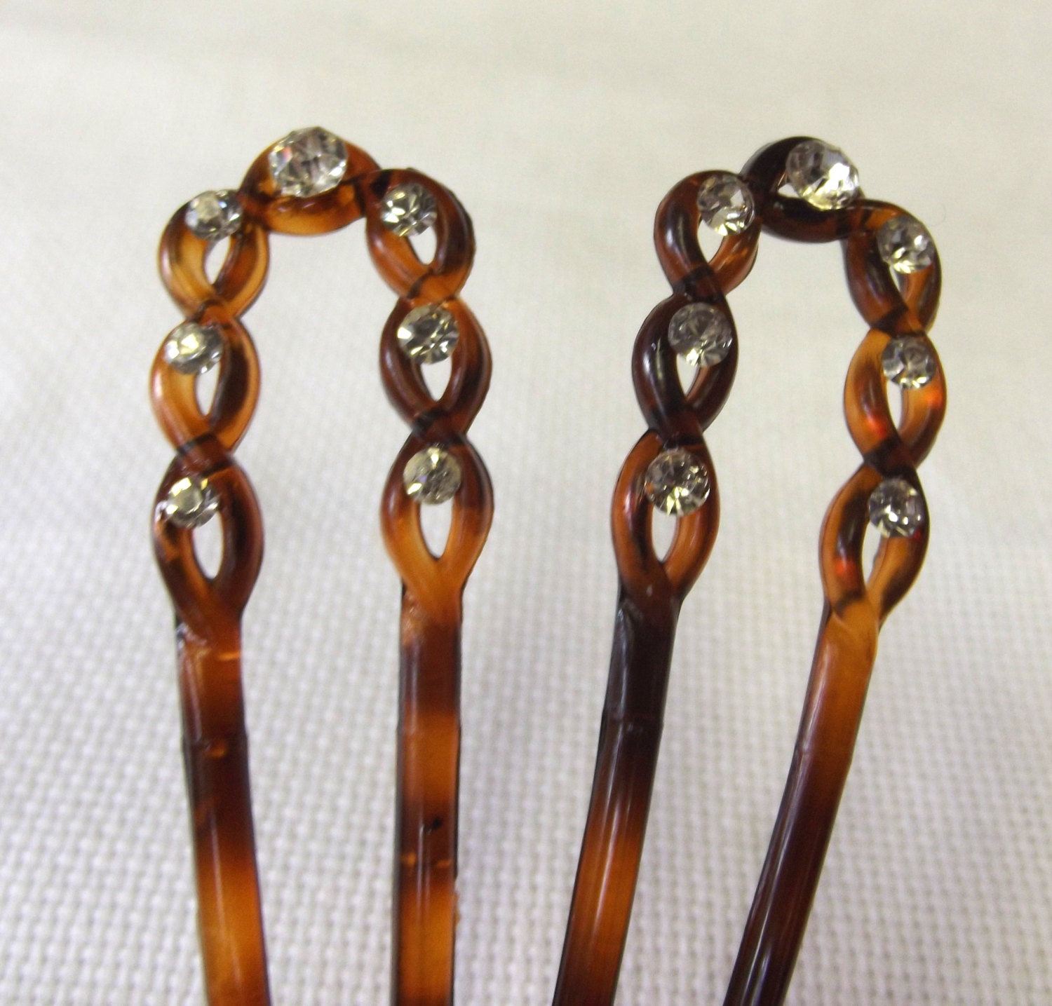 Vintage Hair Pick Set, Celluloid Hair Pins, Tortoise Shell Color, Rhinestone Accent, Delicate, Wedding