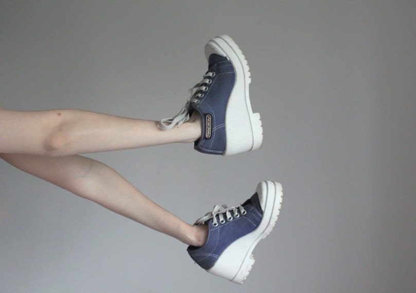 Blue denim wedge platform sneakers