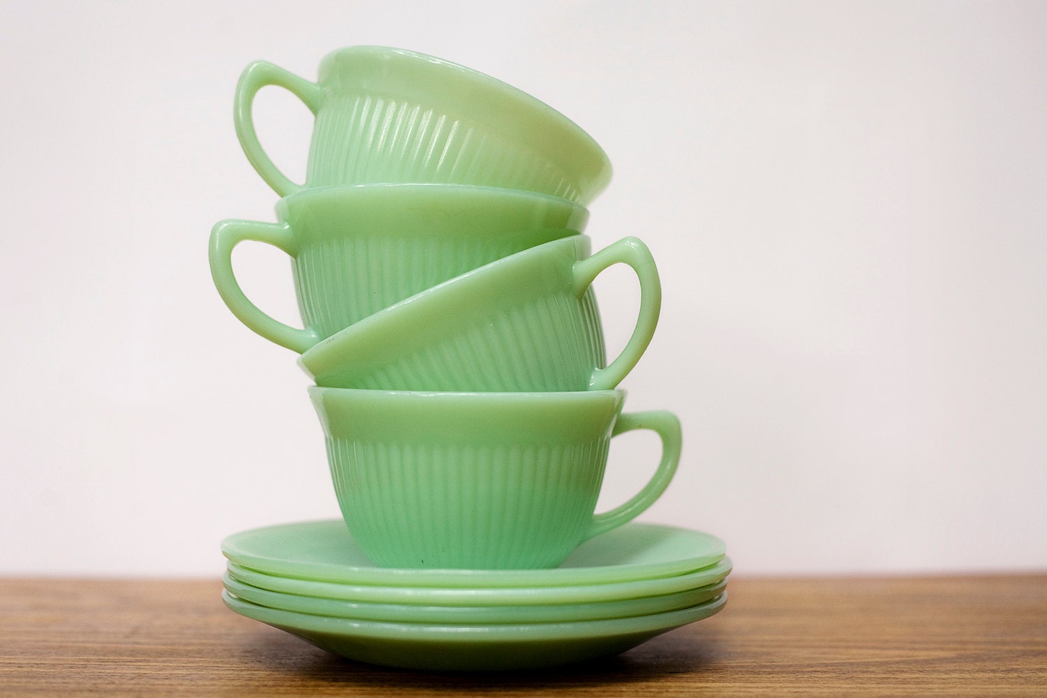 Vintage Fire King Jadite Jane Ray Cup and Saucer, Set of 4