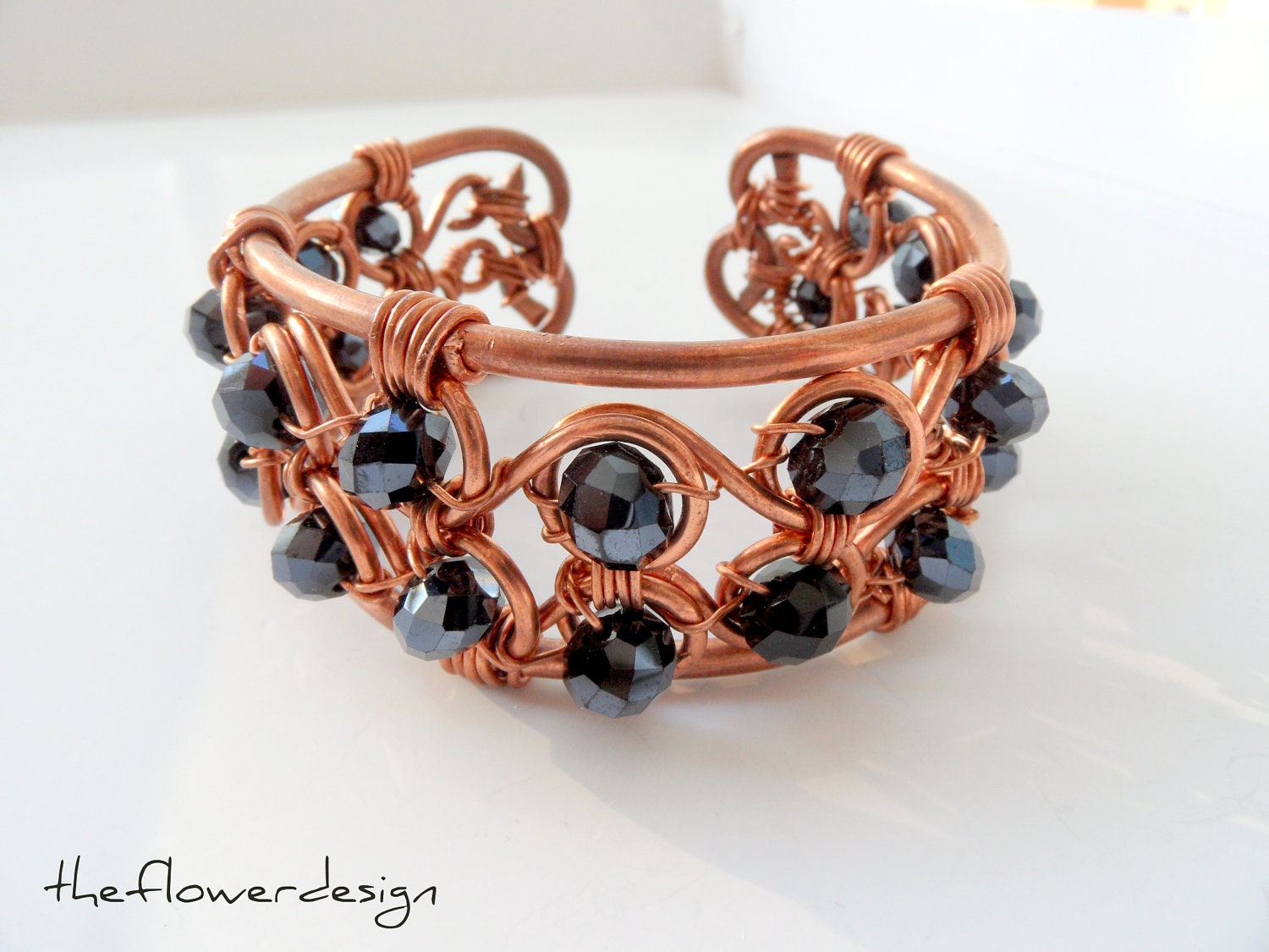 black czech crystal, bracelet copper wire wrapping. OOAK..Unigue.Spring.