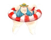 On The Beach III. Watercolor Illustration Print Woman Float Striped Red Blue Summer Ocean Sea