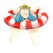 On The Beach III. Watercolor Illustration Print Woman Float Striped Red Blue Summer Ocean Sea