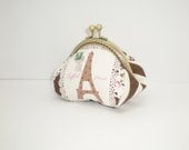 Paris Eiffel tower rose lace brown stripe coin/change pouch/purse/wallet w bubble metal frame