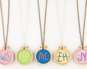 Embroidered initial necklace - in a miniature embroidery hoop - blue, orange, pink, lime, yellow, purple - made with love by dandelyne