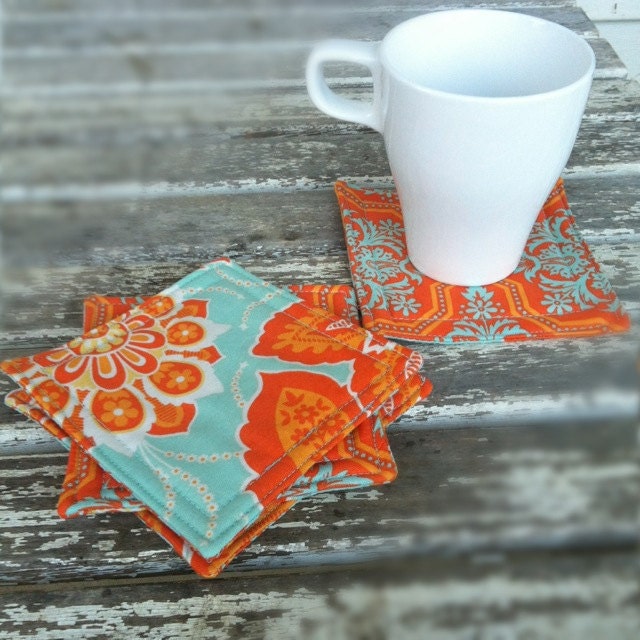 Fabric Coaster Set of Four // orange turquoise // retro style accessories  // flower fabric // fresh shops - jerseymaid