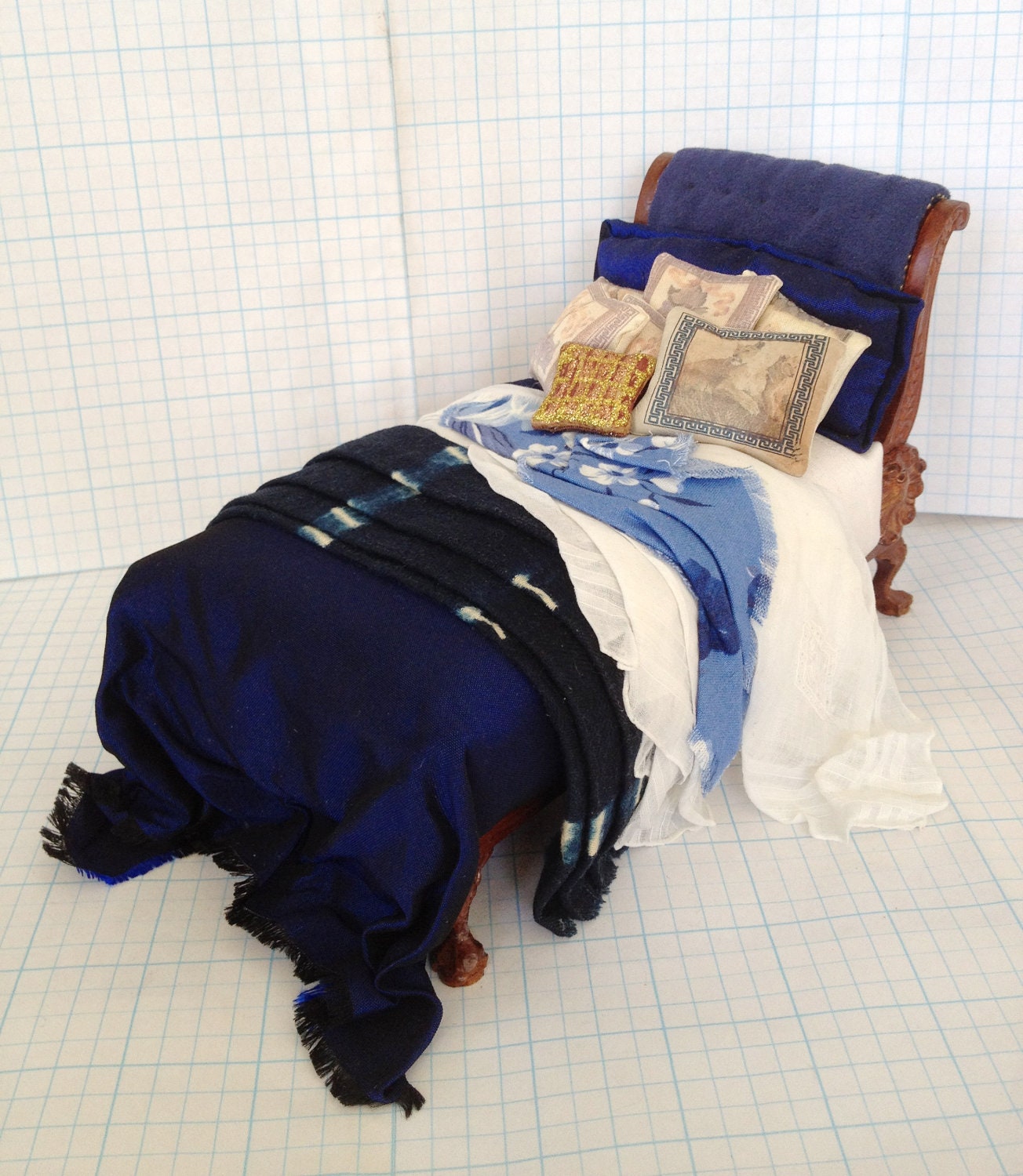 Bed Bespaq Dressed in Shades of Blue & White - by Pat Tyler Miniatures