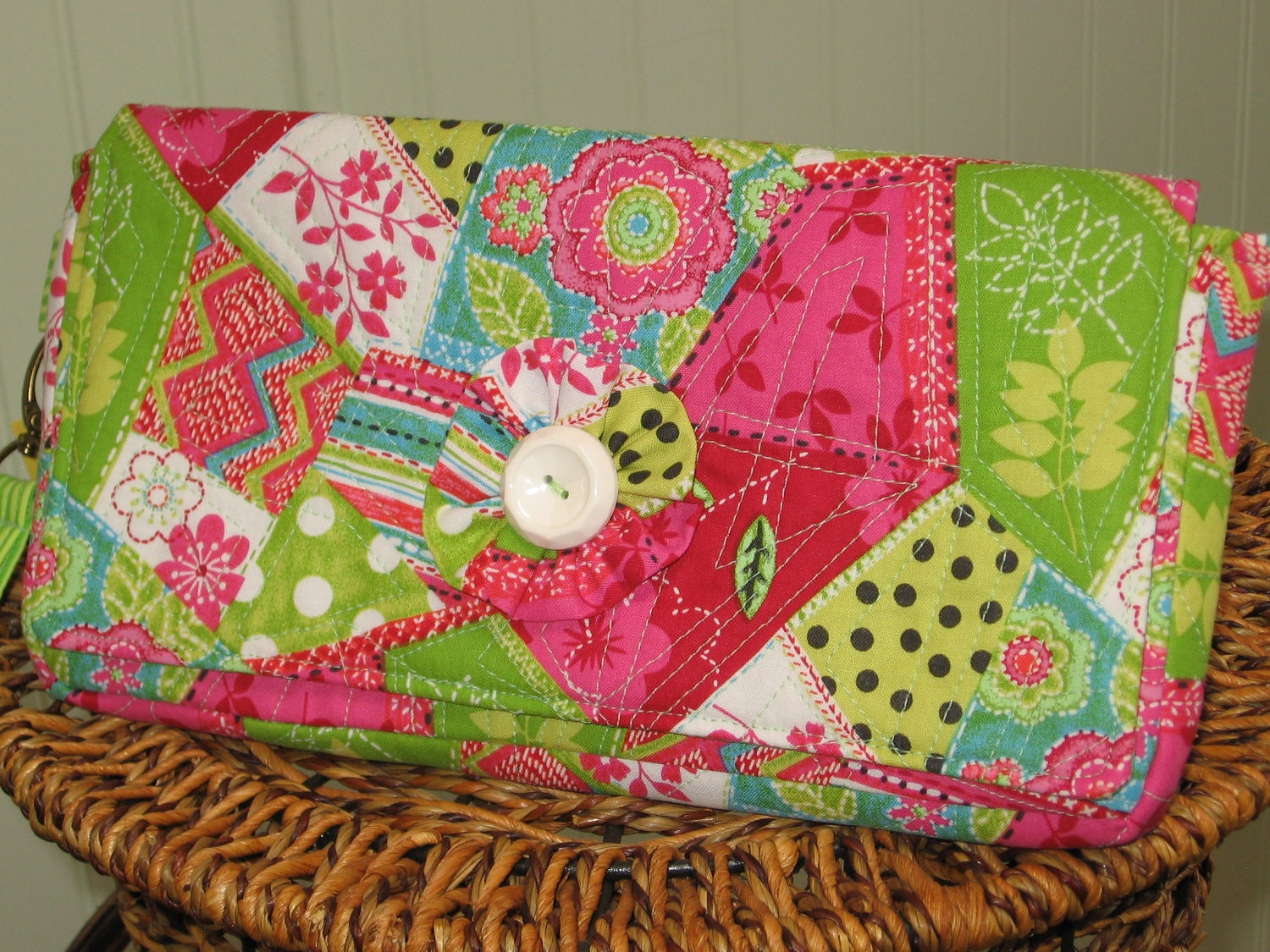 Large handmade quilted lime green, aqua, bright pink, black, and white clutch purse wristlet