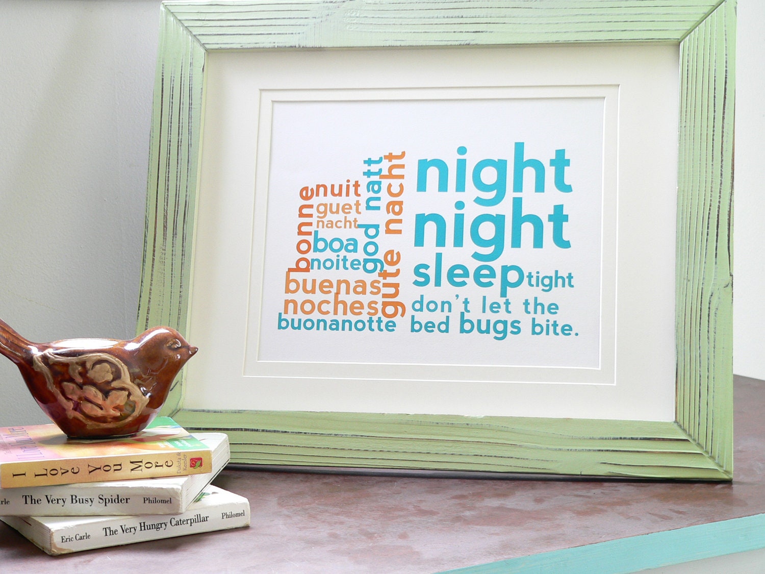 NIGHT Night Subway Art - Modern Childrens Nursery Art Decor DIGITAL PRINT - Orange & Teal - Languages