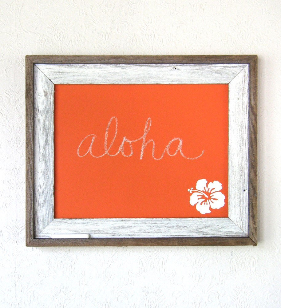 ALOHA - Tangerine Orange Hawaiian Flower Chalkboard in Reclaimed Barn Wood Frame - FrecklesandWit