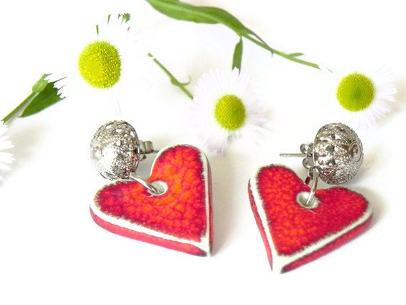 Ceramic Studs Heart Earring Red Fashion Jewelry Romantic Silver Filigree Post Recycled Box