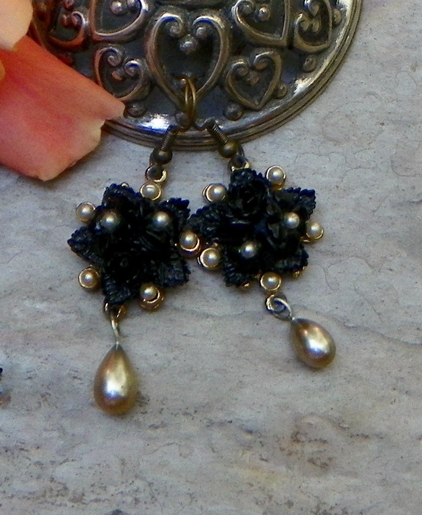Victorian Black Carved Celluloid Rose Earrings