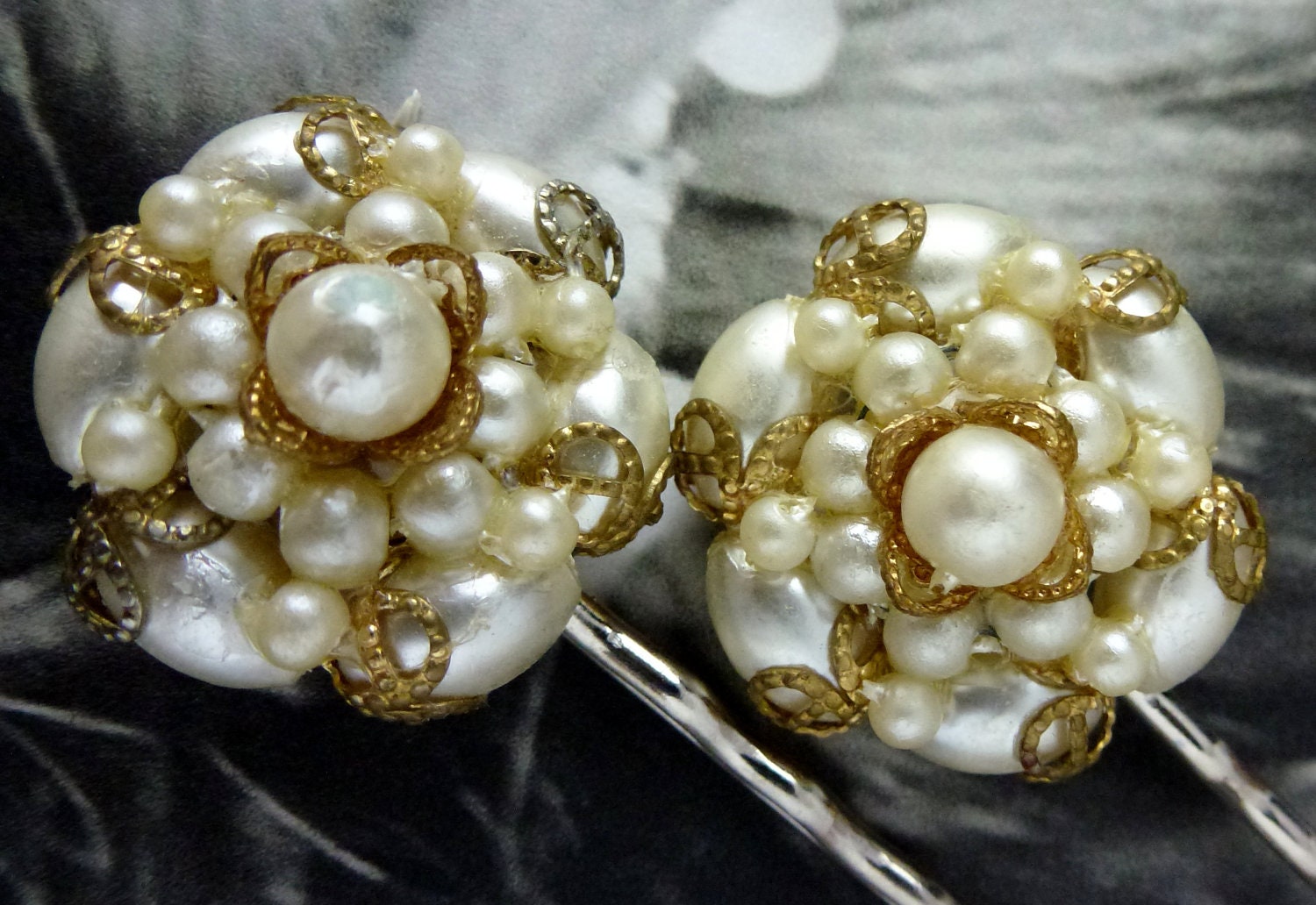 Romantic Winter Bridal Pearl Filigree Hair Pins, Vintage Recycled