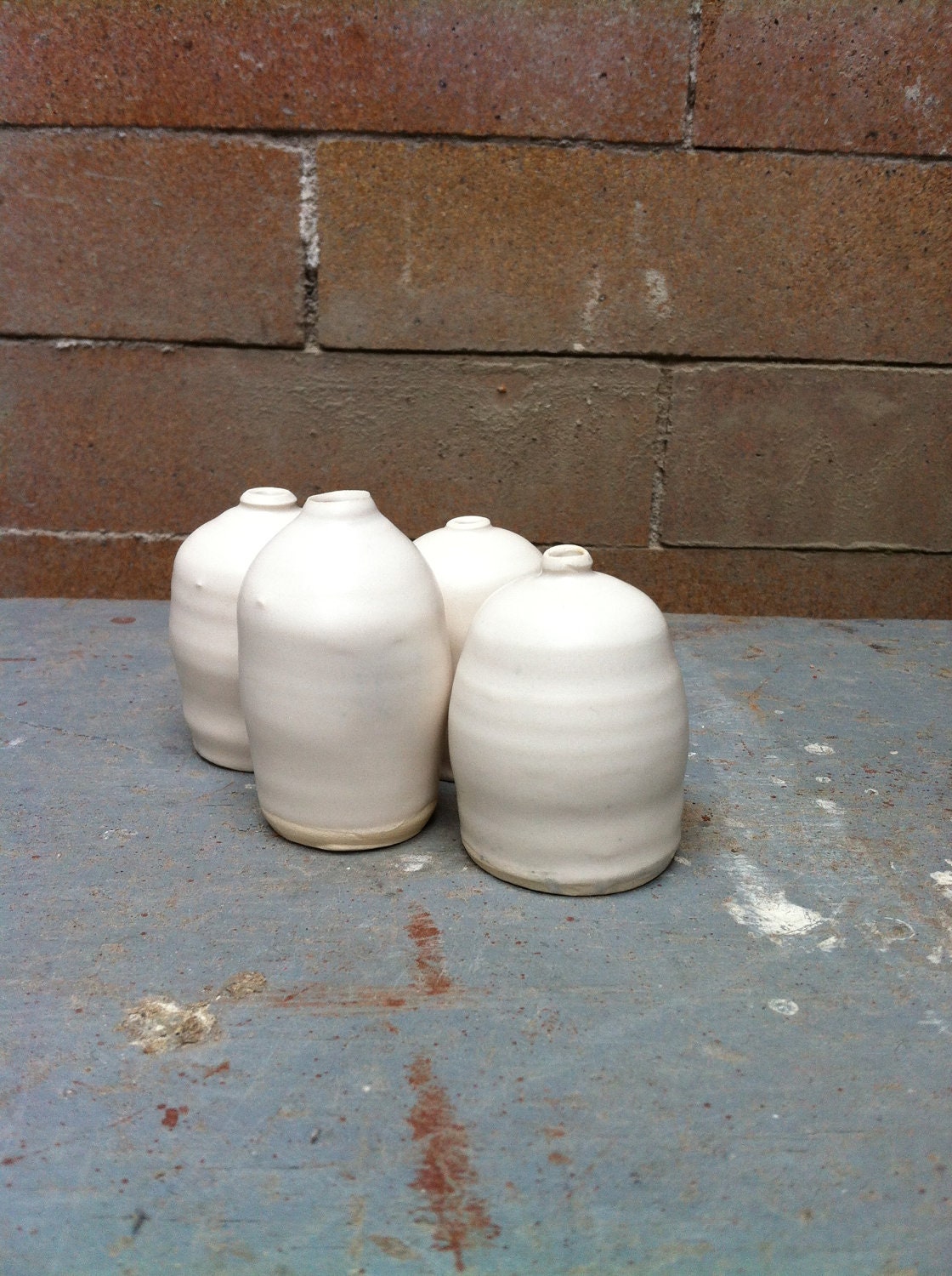 Miniature wheel thrown pots textured matte white set of 4
