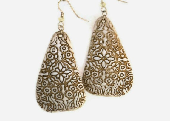 Polymer Clay Earrings - Pearl White Dangle Earrings with Gold Embossing