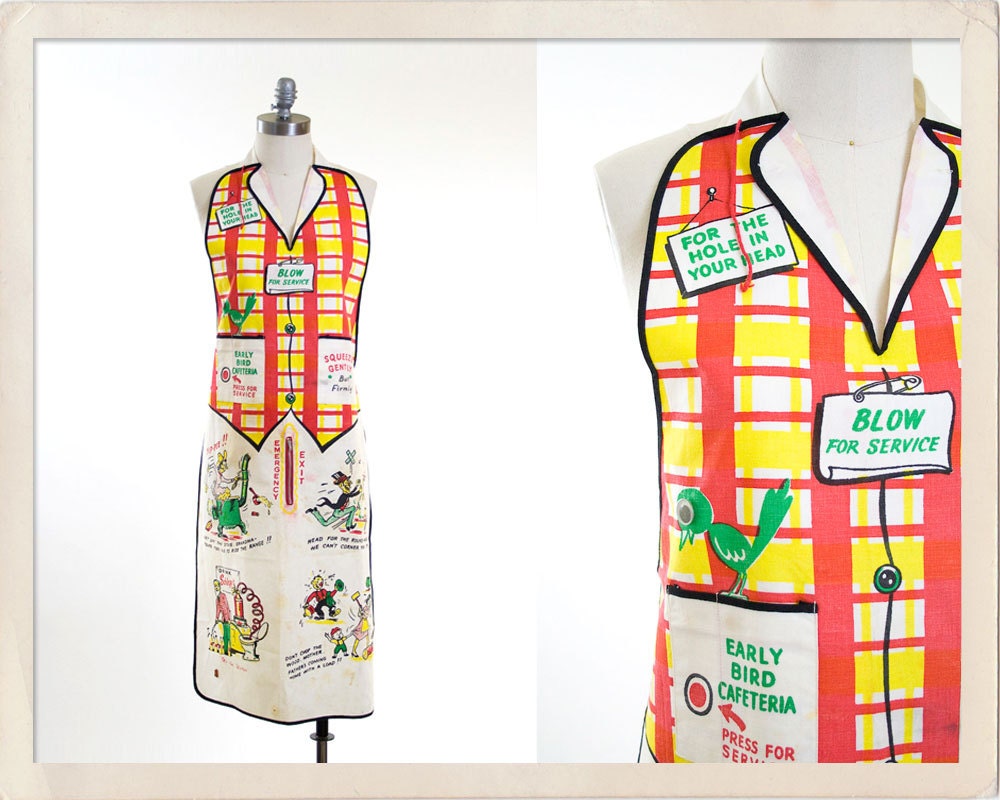 vintage 50s apron // Father's Day gift // mens naughty cartoon full apron // BBQ apron // grill apron