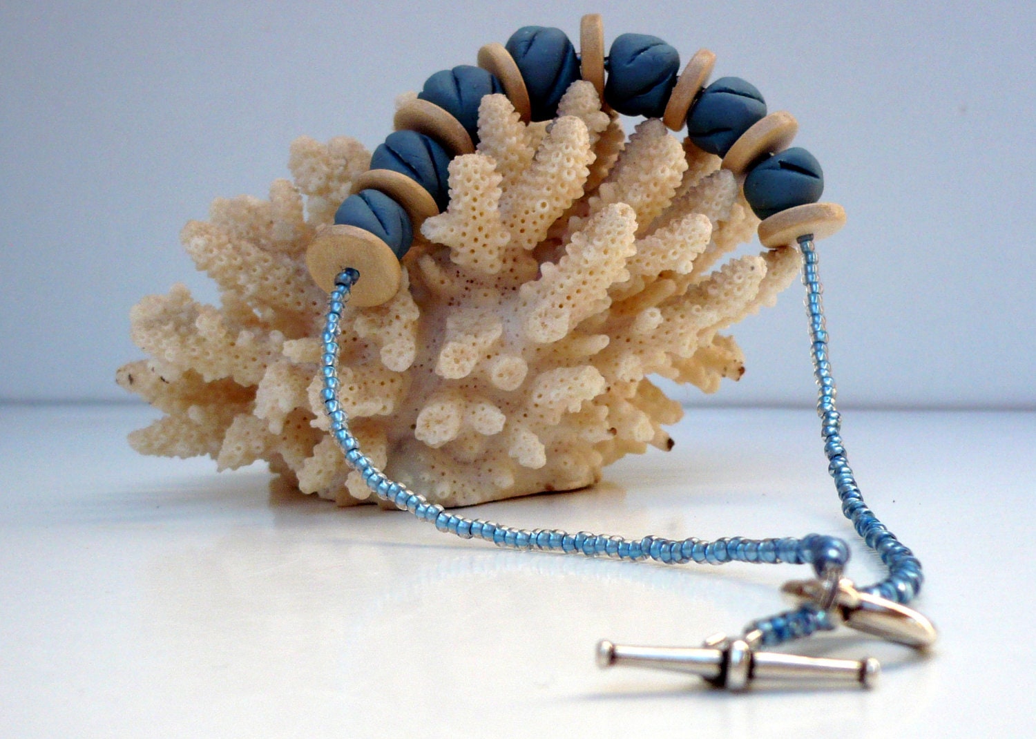 Sea Blue Porcelain and Natural Wood Necklace.Statement Necklace. - BlueMagpieDesign Sea Blue Porcelain and Natural Wood Necklace.Statement Necklace. - BlueMagpieDesign