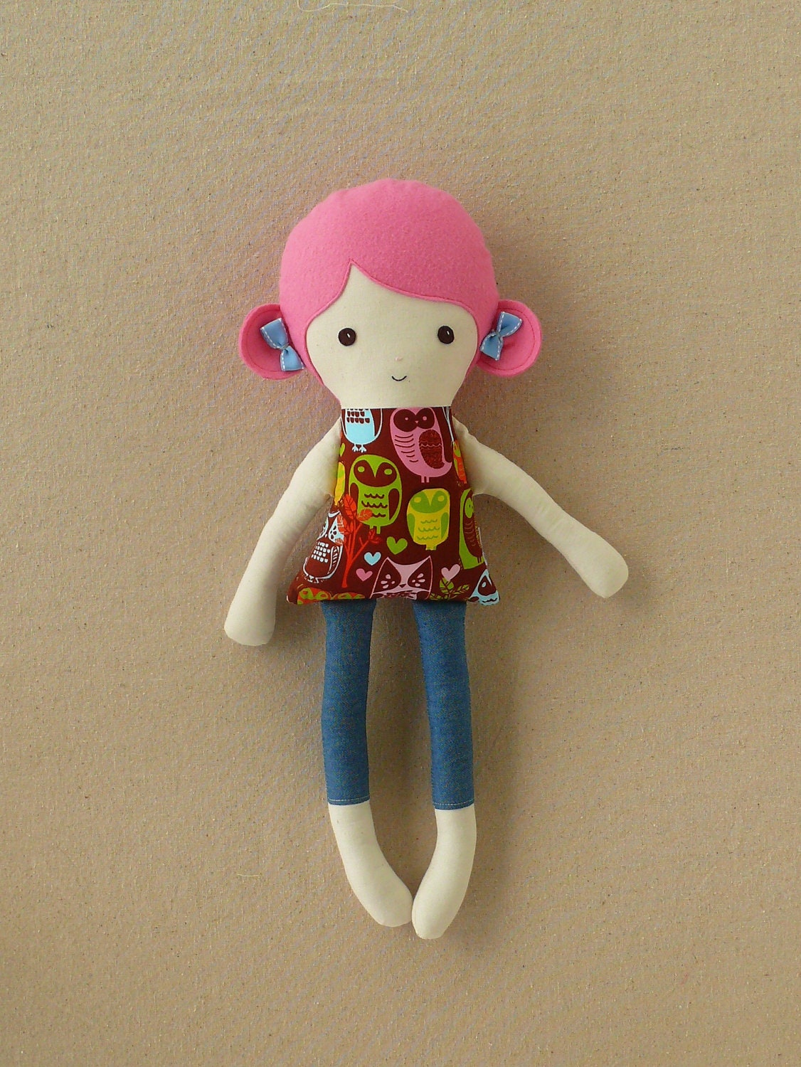 Pink Haired Fabric Doll Rag Doll in Owl Print Dress
