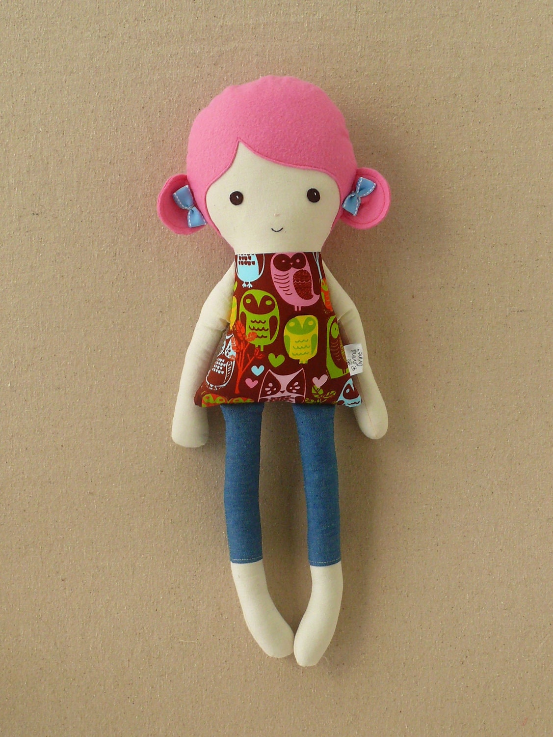 Pink Haired Fabric Doll Rag Doll in Owl Print Dress
