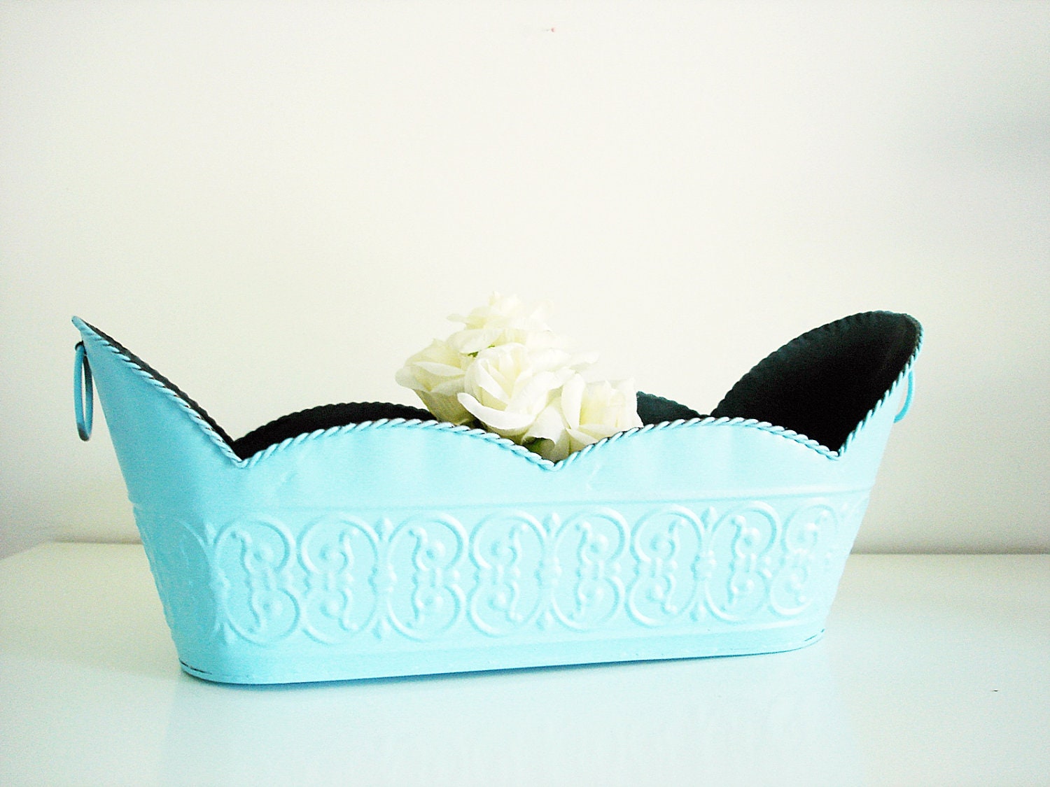 Shabby chic turquoise metal planter/ upcycled aqua blue shabby chic home décor flower box/ soft robins egg blue plant container centerpiece