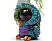 Sculpture Baby Owl, Resin Figure, Designer Toy, Peacock, colorful, BIG EYES