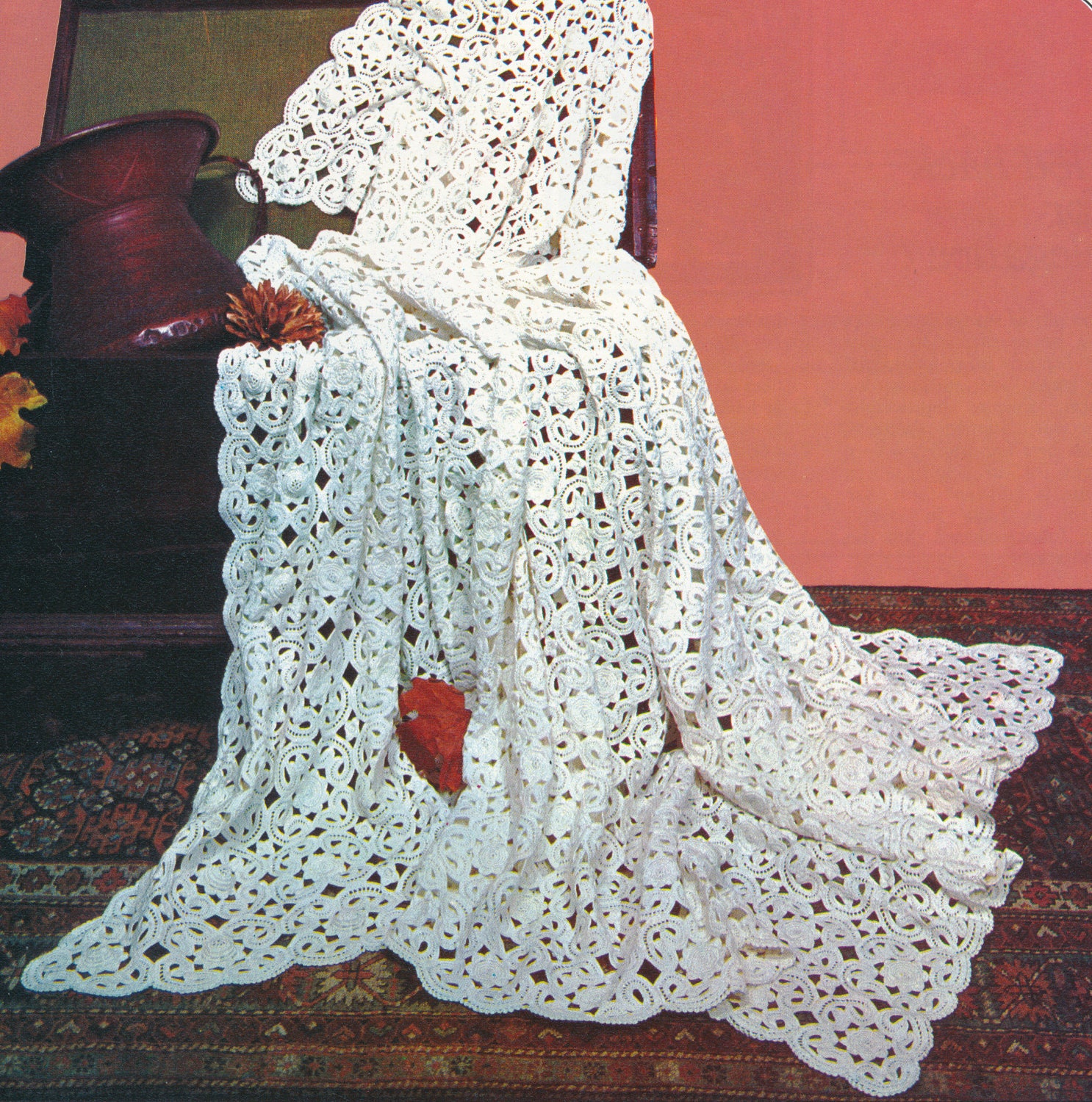 Beautiful Vintage Retro 1960s IRISH LACE with Rosebud Accents Bedspread Crochet Pattern - PDF Tutorial