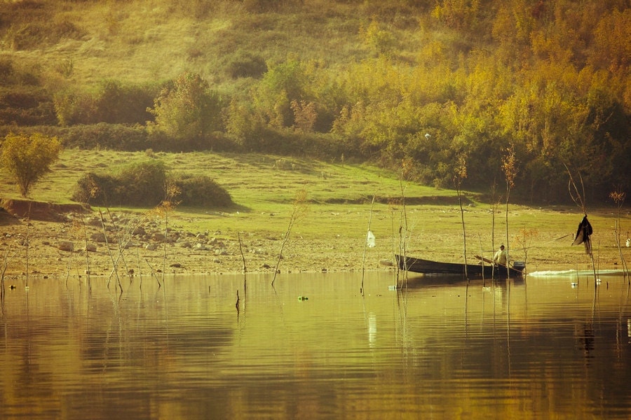 Fisherman Boat Photograph, Natural Reserve Lake, Autumn photography, green yellow orange naturals harvest 8x10 or 8x12