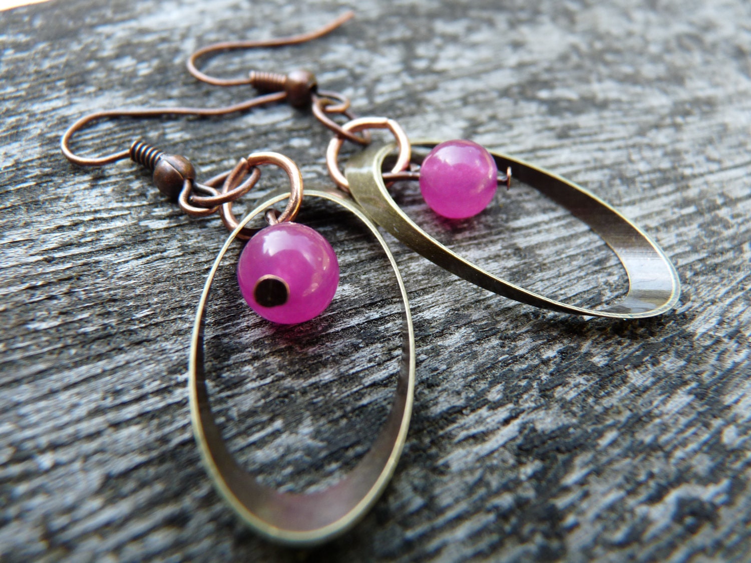 Brass Oval with Pink Glass Earrings