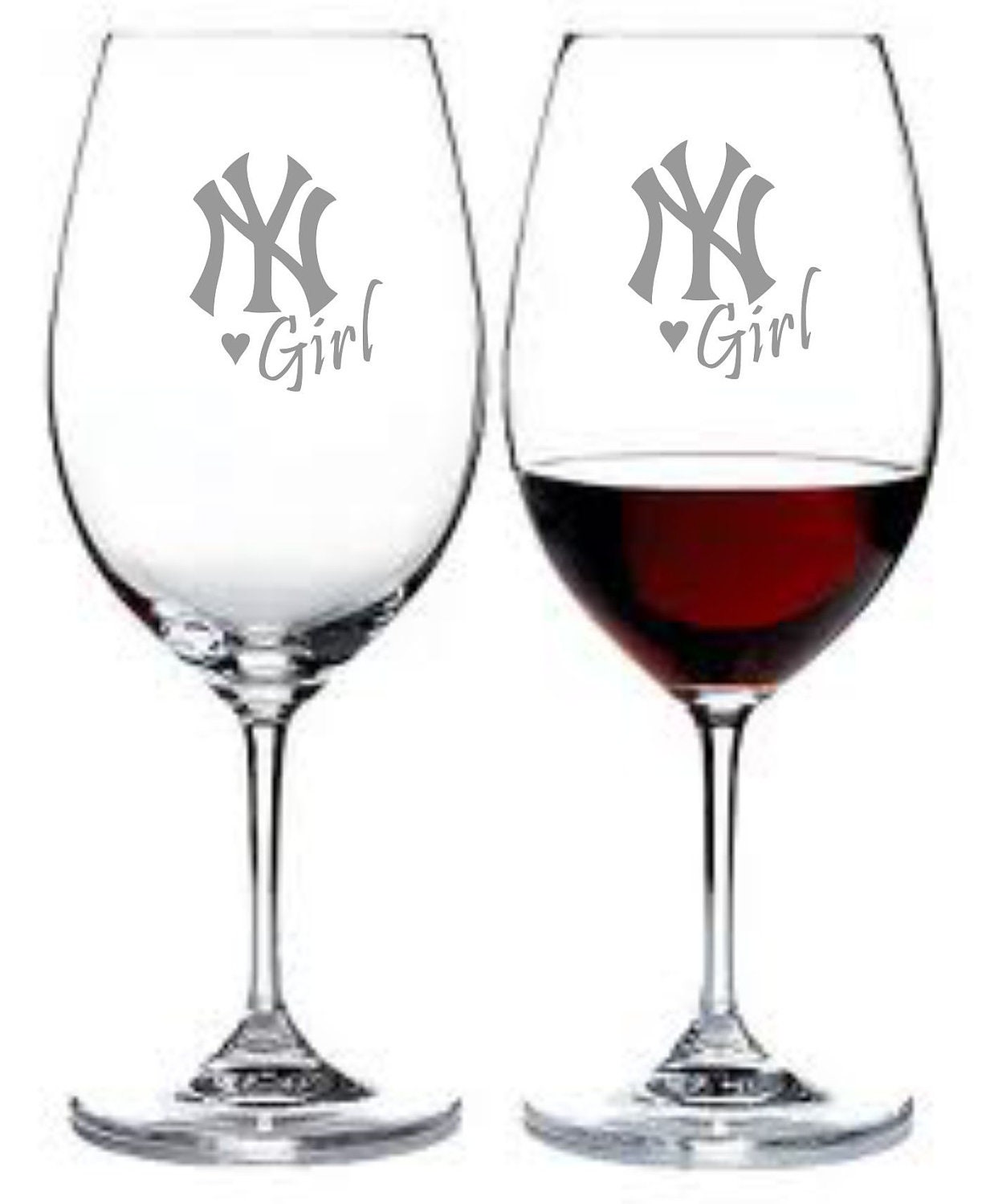 New York Yankee Girl Wine Glass Set of 2 Sand Carved (sandblasted)