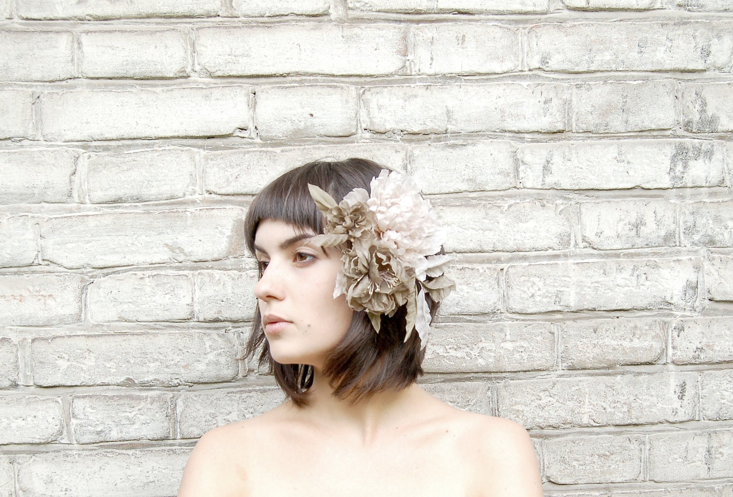 Vintage inspired OOAK HANDMADE beige and olive fabric flower hair fascinator
