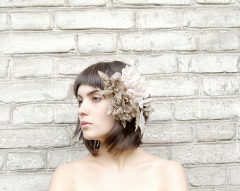 Vintage inspired OOAK HANDMADE beige and olive fabric flower hair fascinator