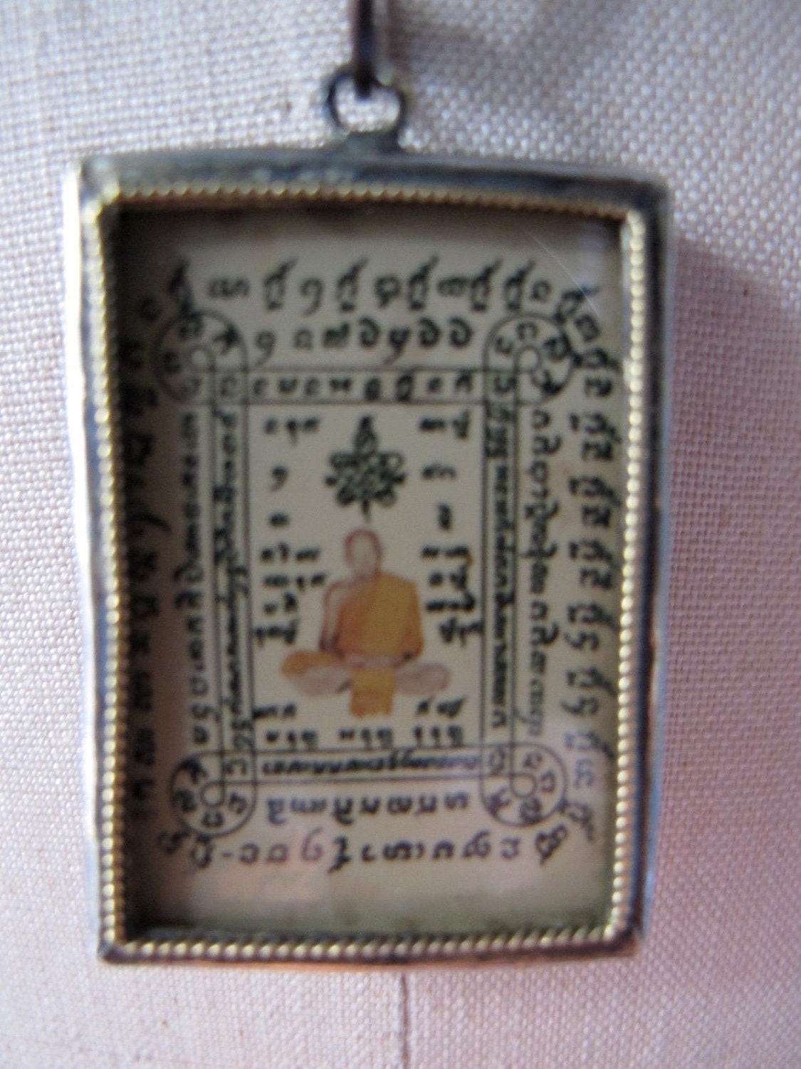Necklace with Large Buddha Picture with Sanskrit Prayer Amulet from Thailand Strung on Tiny Indian Brass Beads