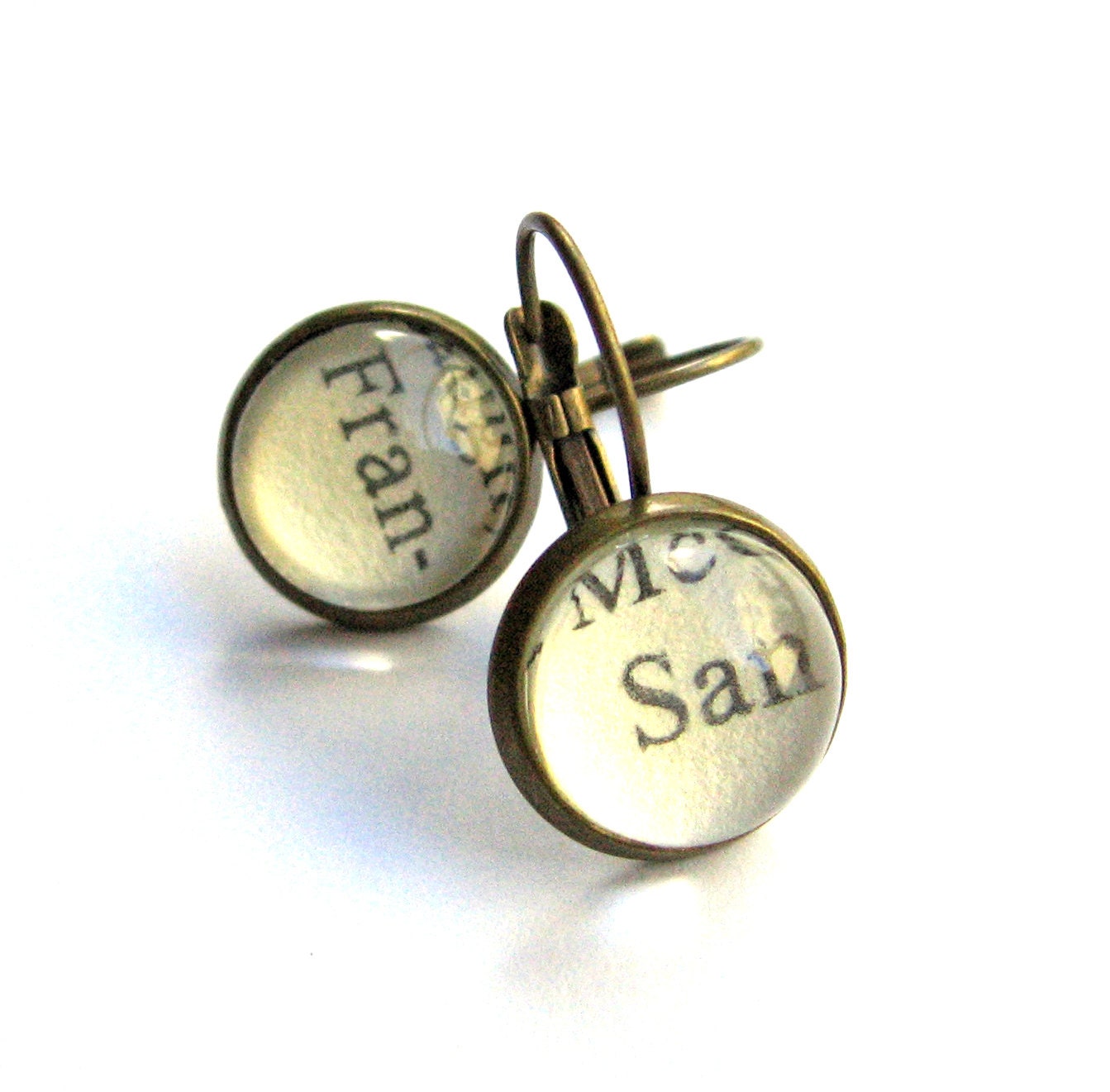 San Francisco San Fran Recycled Library Card Word Earrings Patina Brass