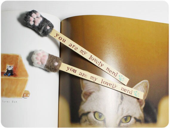 Cat Paw Bookmarks- needle felted wool, bamboo slice