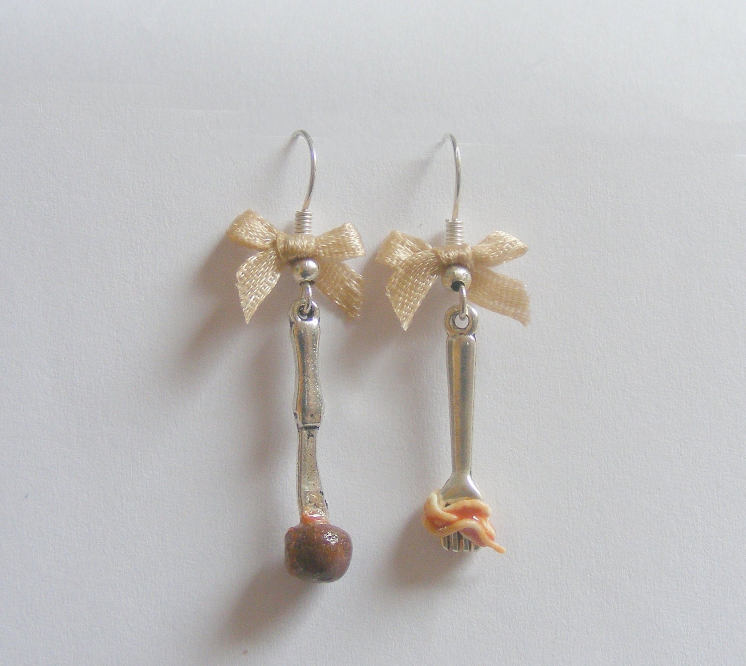 Knife and Fork with Spaghetti and Meatball Miniature Food Earrings - Miniature Food Jewelry