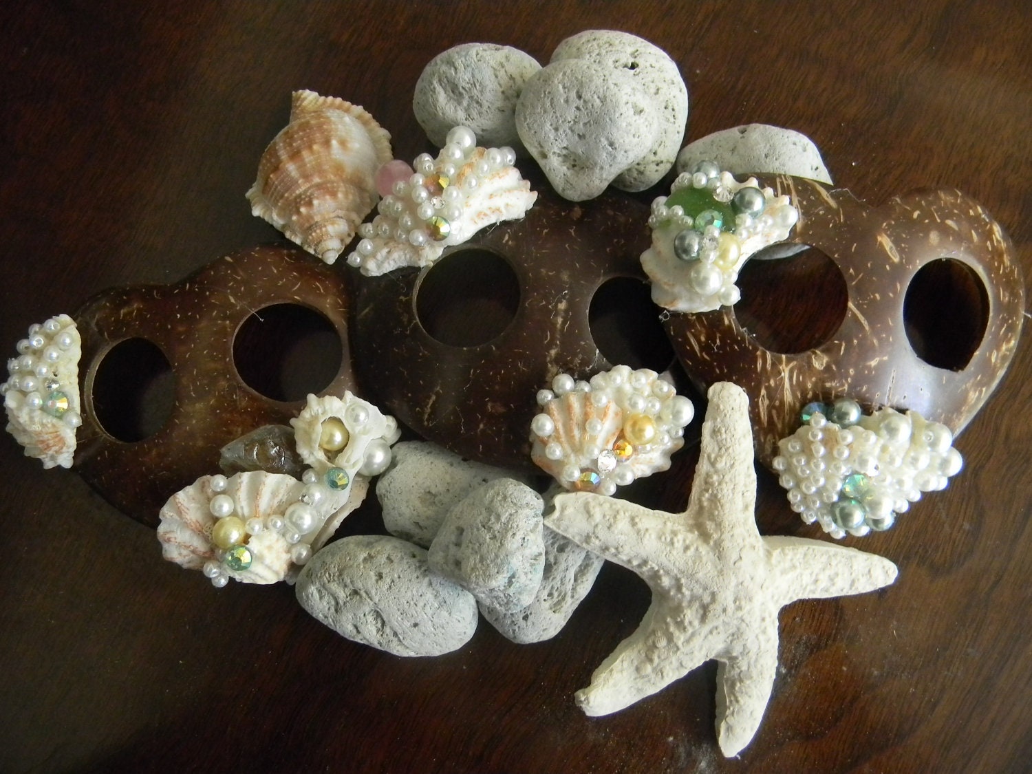Sarong or Scarf Clip Coconut Sea Shell  Sea Glass Pearl Rhinestone Hair Clip