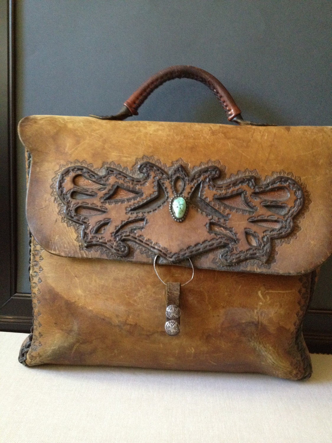 Vintage Custom Made Leather Briefcase With Silver & Turquoise