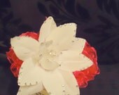 Couture dog collar.White flower and cerise carnation effect ruffle surround.