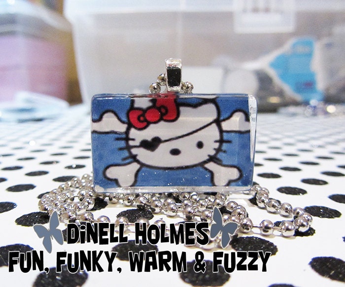 CLEARANCE SALE Hello Kitty Pirate Glass Tile Pendant Handmade Jewelry