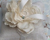Rustic ivory burlap ring pillow with handmade silk flower