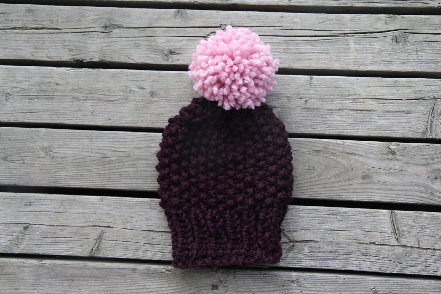 Large Slouchy Oversized Toque/Beanie, Eggplant with Pink pompom