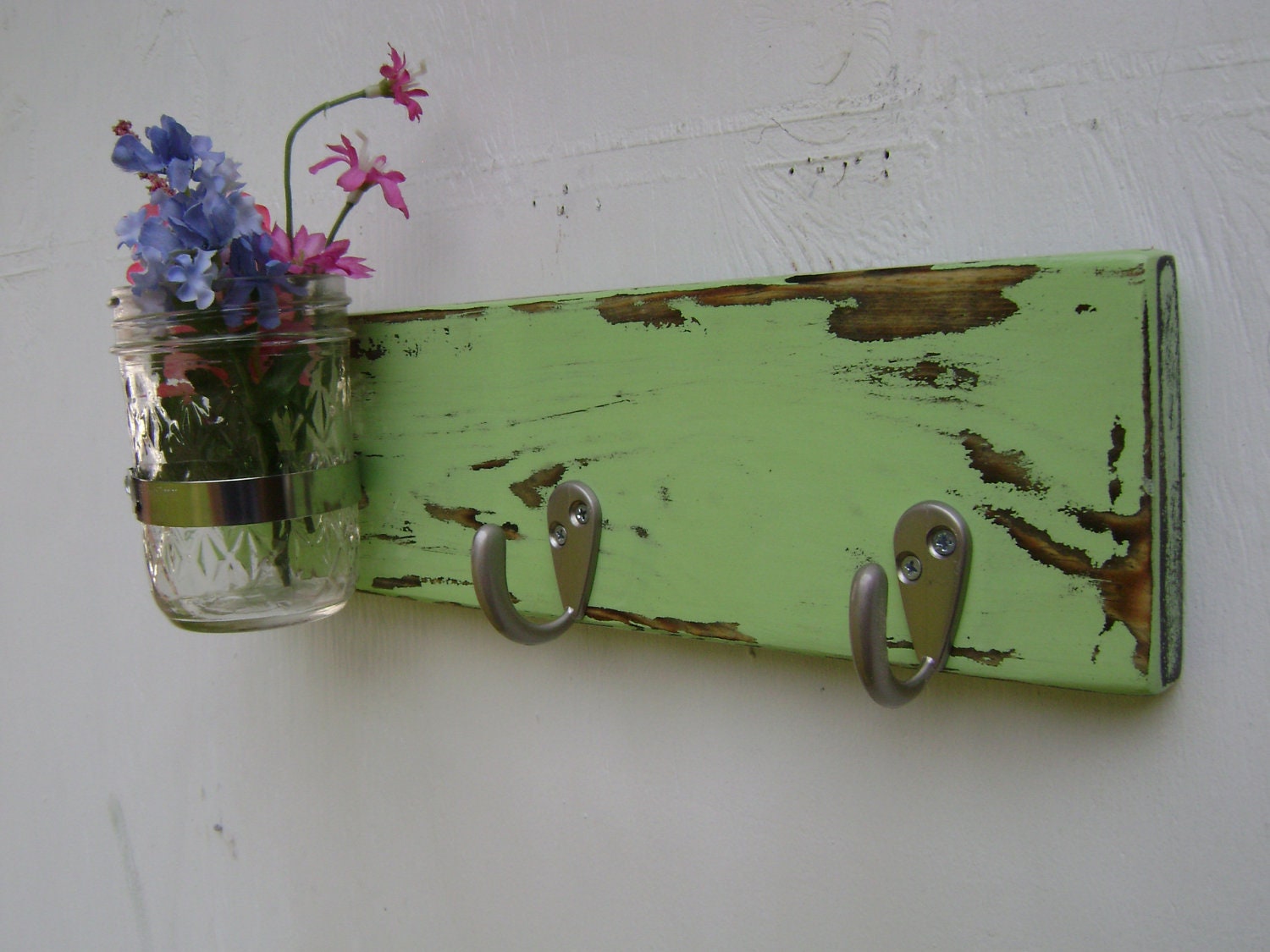 wood vase keyhook wall key holder organizer , rustic cottage decor - painted Pistachio Mint