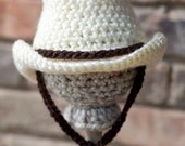Cowboy Crochet baby hat - Cream and Brown - Photography Prop - 0-3 month size - Made to order two days