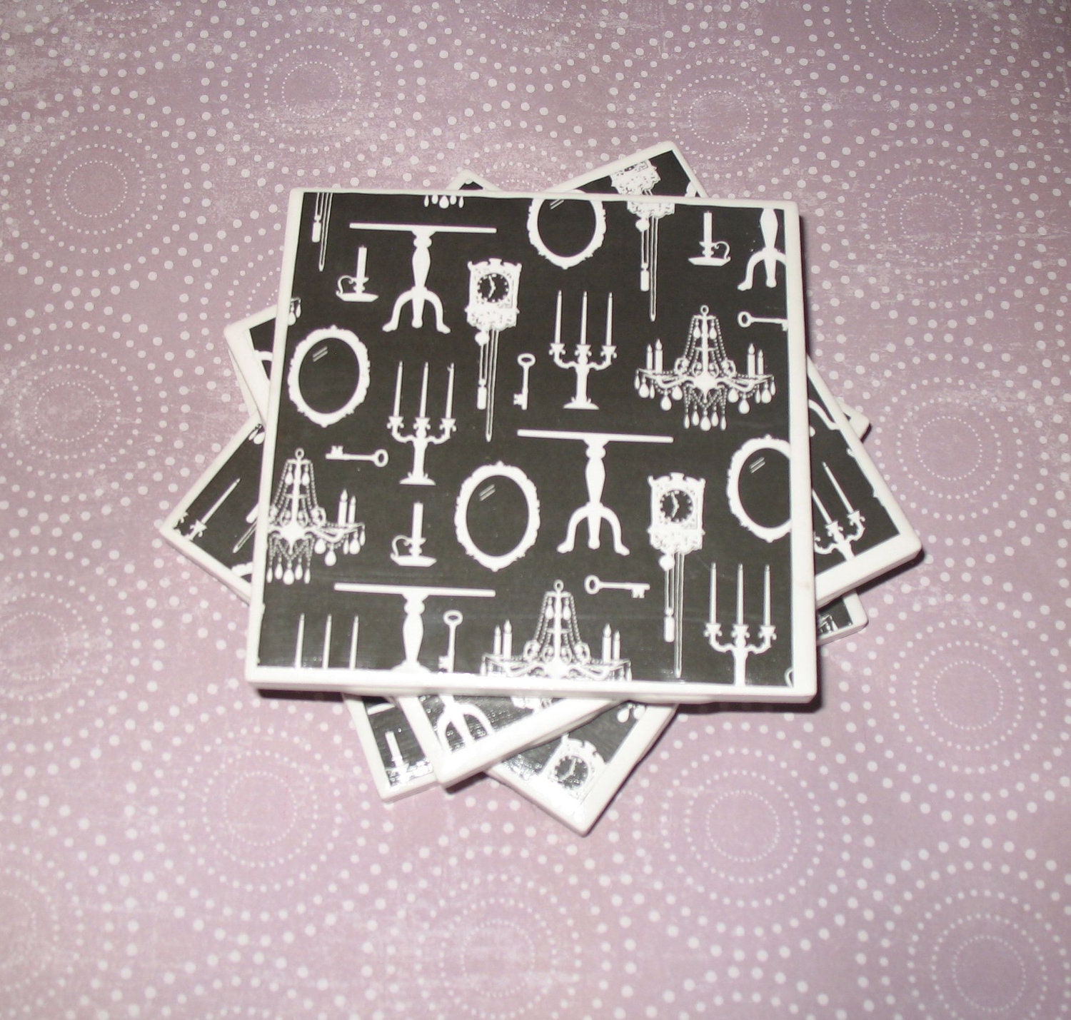 Coasters Set of Four: Chandeliers, Mirrors, Candlesticks, Tables, and Clock Pattern, Black and White, Felt-Backed, Tile