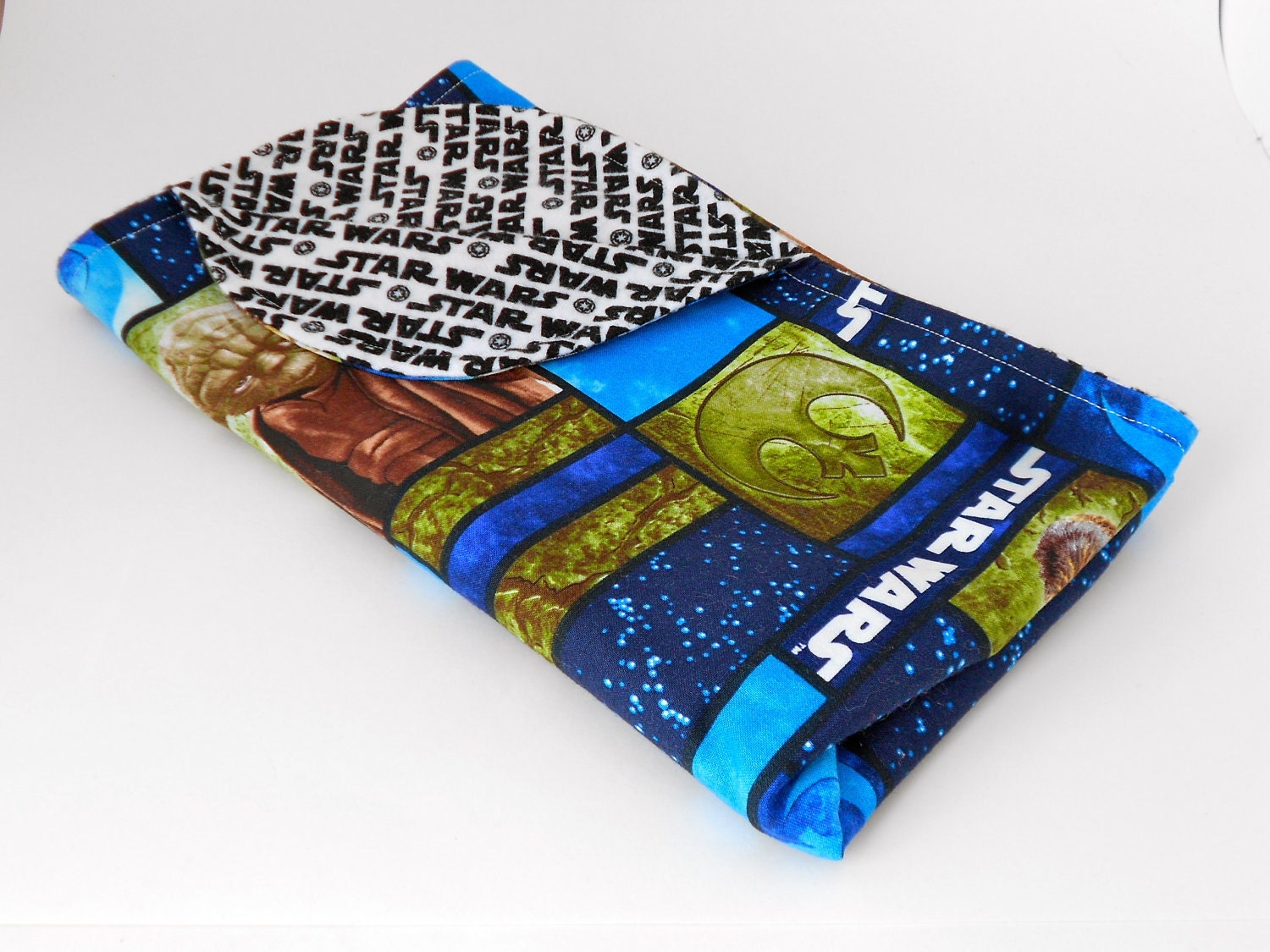 Star Wars Baby Blanket,  Yoda, Chewie, R2D2, and C3PO, Blue and Green Grid
