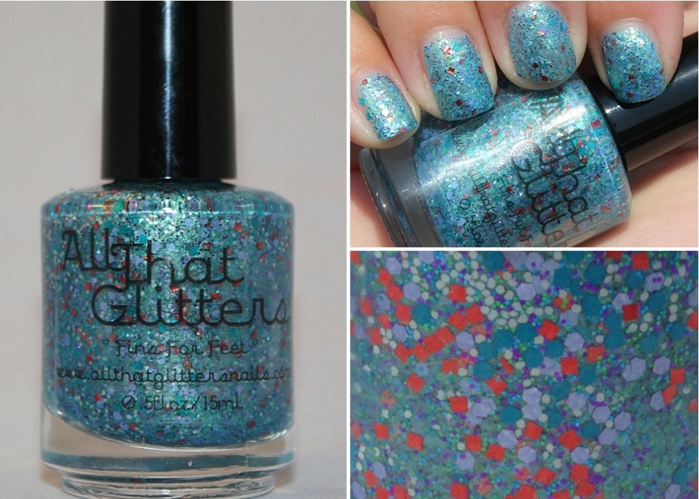 Fins For Feet - blue/green duo base with turquoise, blues, green, purple & red glitter nail polish.