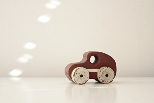 Vintage Wooden Toy Car Speedster - Plum Brown with White Racing Stripe and White Wheels - Rustic, Shabby Chic Kids Room Decor, Play Toys
