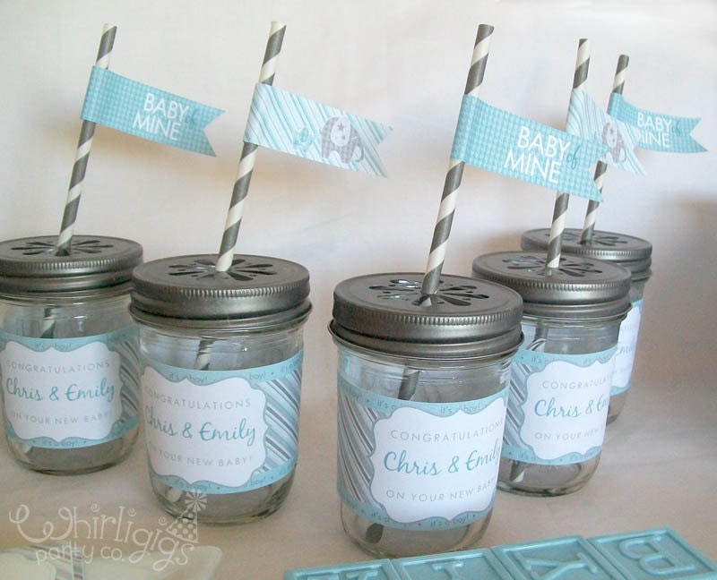 Customized PDF Baby Shower Drink Wrappers & Straw Flags - Water bottles customized with wording of your choice